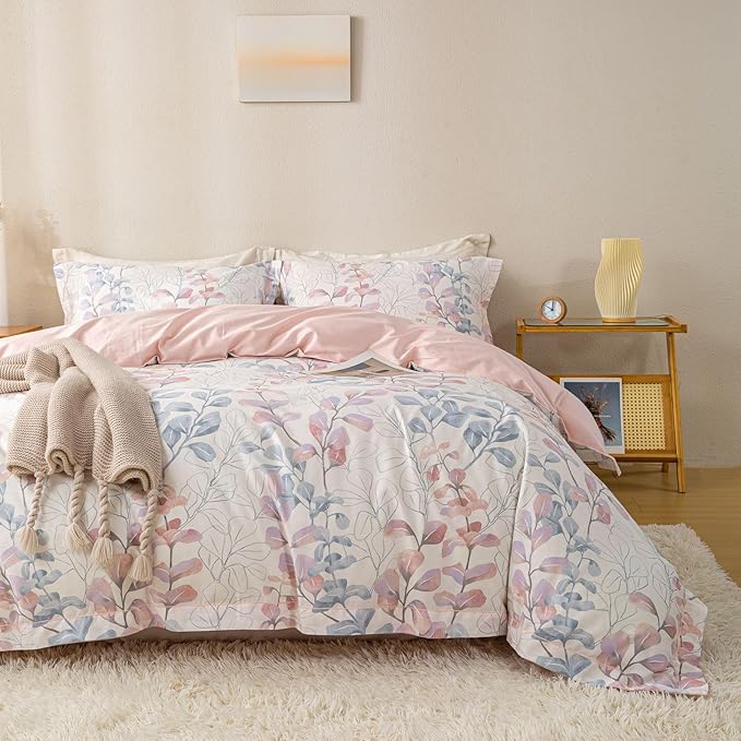 OAITE Duvet Cover Set King Size Floral Pattern Ultra Soft 100% Cotton Duvet Cover Sets 3-PC, Breathable Duvet Cover with Zipper Closure & Corner Ties(2 Pillow Shams,1 Duvet Cover)