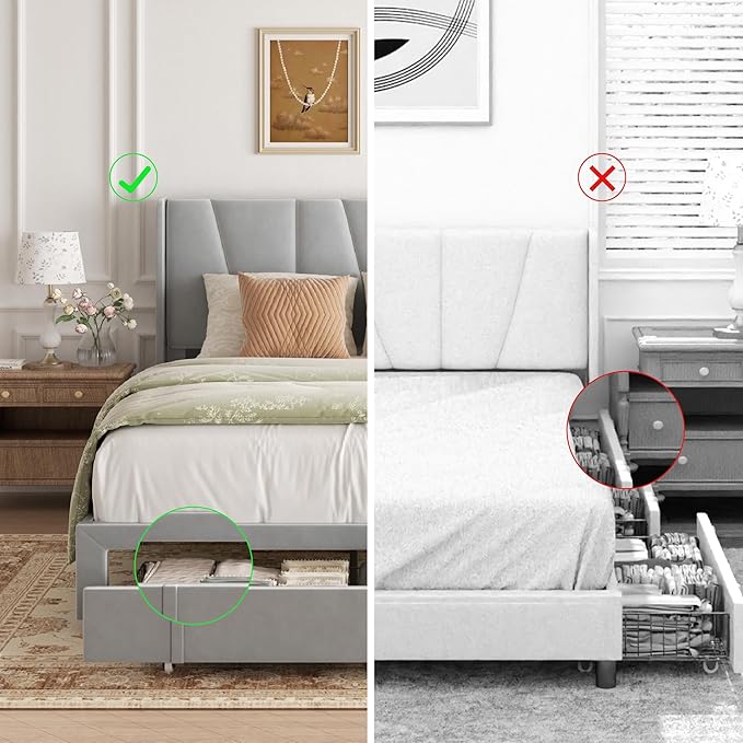 Full Bed Frame with Storage Drawers, Velvet Upholstered Platform Bed with 47" Tall Headboard and Wingboard, No Box Spring Needed, Noise Free, Easy Assembly, Wooden Support Slats, Light Grey