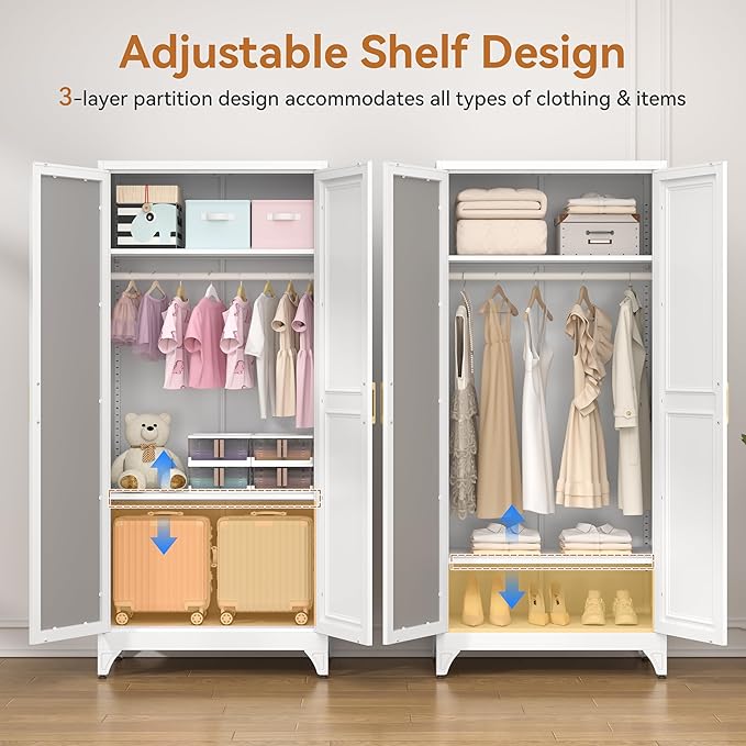 Polup Metal Armoire Wardrobe Closet with Mirror, 71" Tall Steel Clothing Storage Cabinet with 2 Doors, Hanging Rod and Adjustable Shelves, Freestanding Clothes Organizer for Bedroom, Office, White