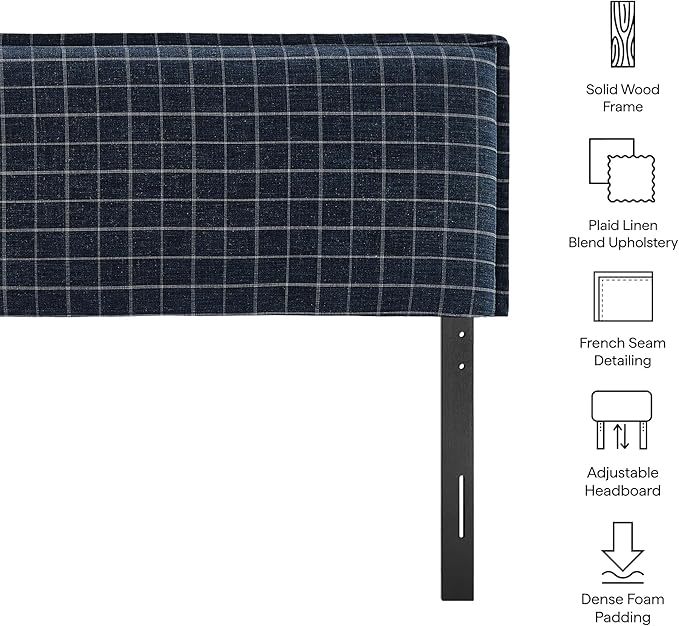Modway Camille Full Size Checkered Linen Blend Plaid Headboard with Removable Slipcover – in Denim Windowpane Check - Padded Pillow Style Headboard with Adjustable Mounting for Full Beds