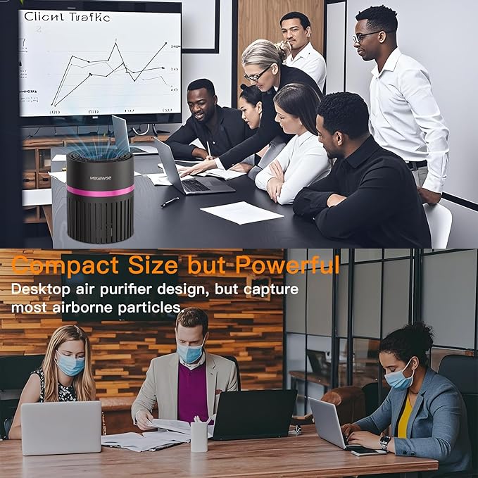 MEGAWISE Portable Air Purifier, H13 True HEPA 3-in-1 Filter, 99.97% 0.3 Micron Filtration, Dust Smoke Pet Dander, Ozone Free, Ultra-Quiet 24dB, Small Tabletop Air Cleaner for Bedroom Home Office