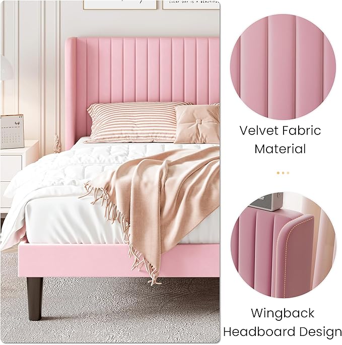 SHA CERLIN Full Size Velvet Bed Frame with Vertical Channel Tufted Wingback Headboard, Upholstered Platform Bed with Wood Slats, No Box Spring Needed, Easy Assembly, Pink