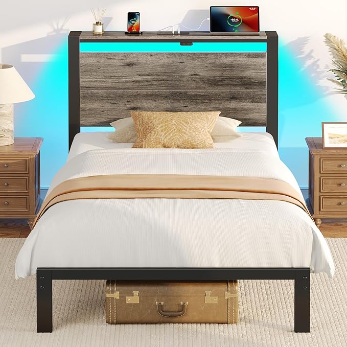 Rolanstar Bed Frame Twin Size with Charging Station, LED Twin Bed Frame with Wood Storage Headboard, Platform Bed with Metal Slats & Under Bed Storage, No Box Spring Needed, Noise Free, Deep Grey