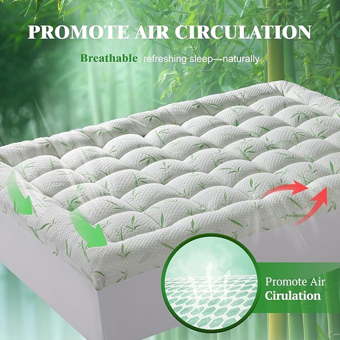 3 Inch Mattress Topper - Viscose Made from Bambu,Cooling Soft Pillow Top Mattress Pad Cover (Queen,60"x80")
