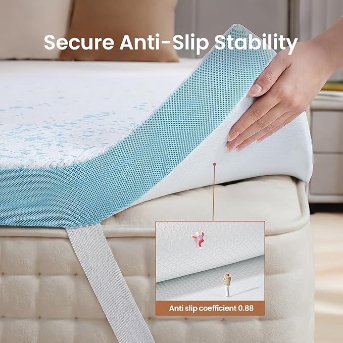 OhGeni 3 Inch Cooling King Size Gel Memory Foam Mattress Topper Pad,Soft Bed Cover with Anti-Slip Base & Zipper,Fits 6"-19" Mattresses with Straps,Extra Comfort for Sleep &Back Pain Relief