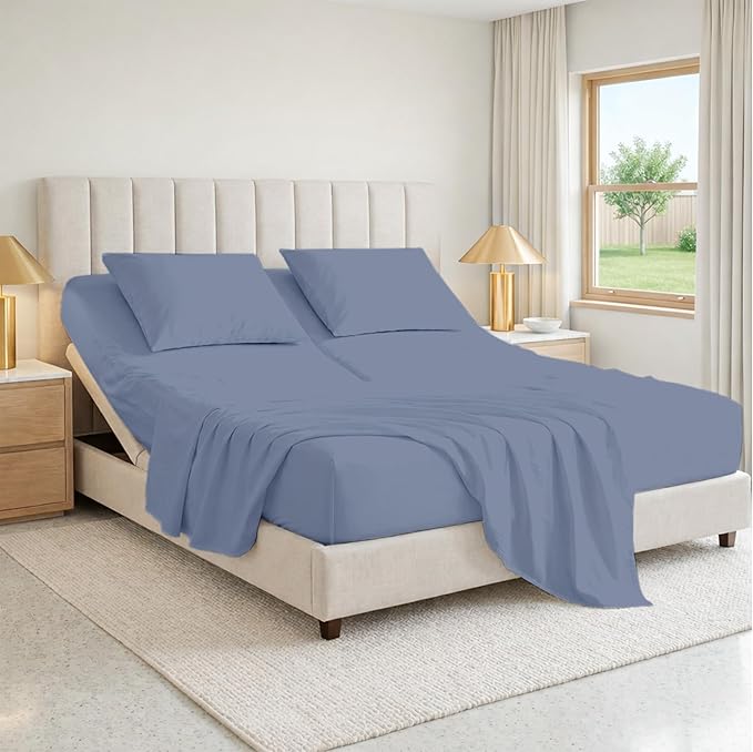 SGI bedding 32" Cal King Split Top Flex Head Sheet 100% Egyptian Cotton Sheet Set 1000 Thread Count Flex Top Sheet for Adjustable Bed 4Pc Sheet Set 15" Deep for Sleep Number Bed, Mediterranean Blue