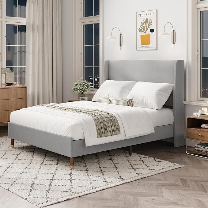 MALOL Queen Size Bed Frame with Upholstered Headboard, Linen Fabric Platform Bed Frame with USB Charging Ports, No Box Spring Needed, Sturdy Metal Support, Noise Free, Modern Bedroom Furniture,Grey