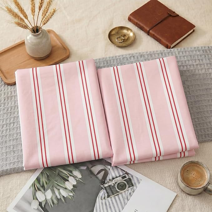 Merryword King Size Pillowcases, 100% Cotton Pillow Cases, Pink Striped Pillowcases, Soft Breathable Ribbon Stripe Pillow Covers, Set of 2