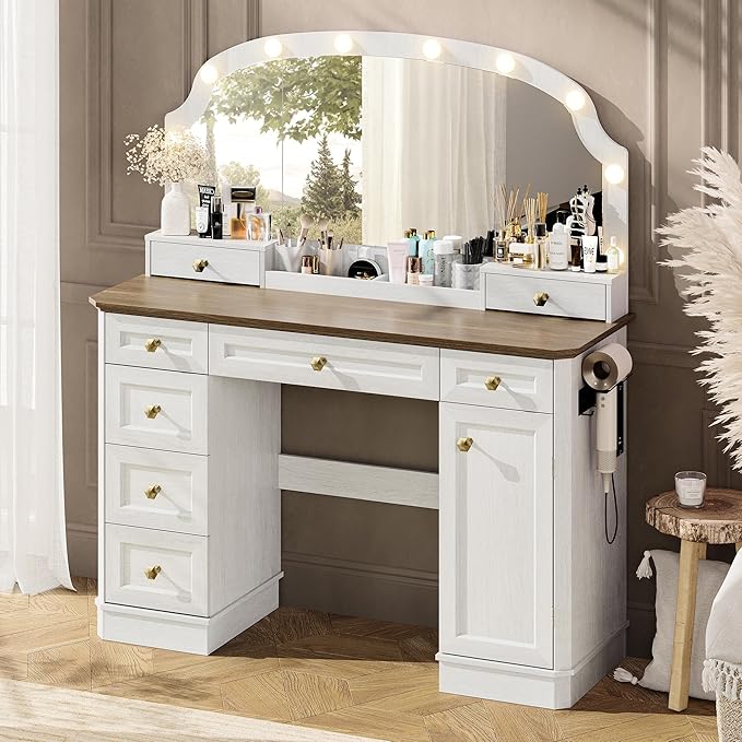 Farmhouse Makeup Vanity Desk with Mirror and Lights, 47'' Vanity Table with 8 Storage Drawers 1 Cabinet & 2 Organizer Trays, Large Dressing Table with Charging for Bedroom Rustic White
