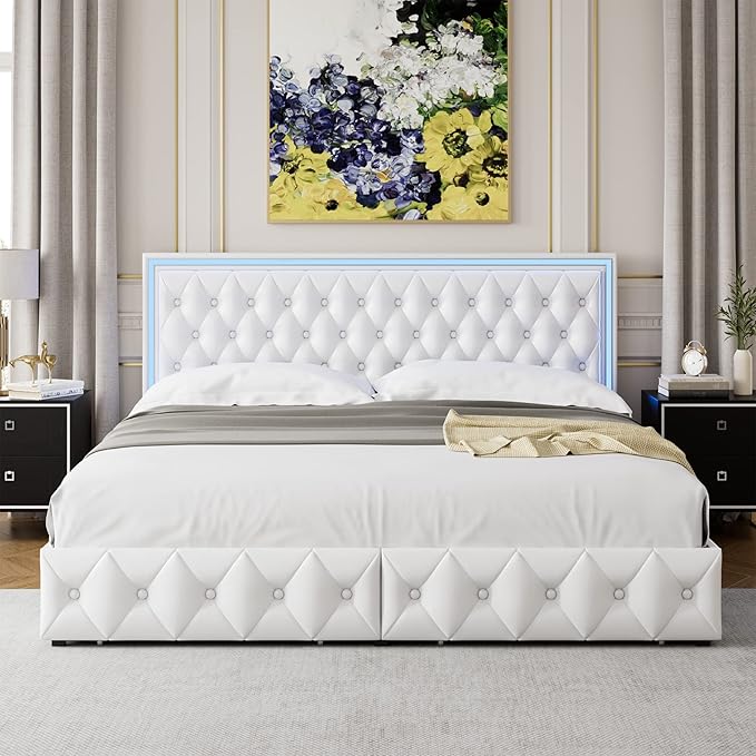 Keyluv King Upholstered LED Bed Frame with 4 Drawers, PU Leather Platform Storage Bed with Adjustable Button Tufted Headboard and Solid Wooden Slats Support, No Box Spring Needed, White