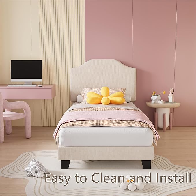 Twin Size Bed Frame, Corduroy Upholstered Platform Bed Frame with Adjustable Headboard, Mattress Foundation, Wooden Slats Support, No Box Spring Needed, Easy Assembly, Beige