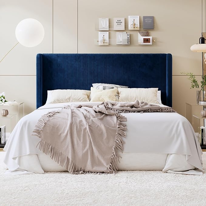 SHA CERLIN King Size Corduroy Upholstered Platform Bed Frame with Vertical Channel Tufted Wingback Headboard, 8" Under Bed Storage, Wooden Slats & Metal Frame Support, Easy Assembly, Dark Blue