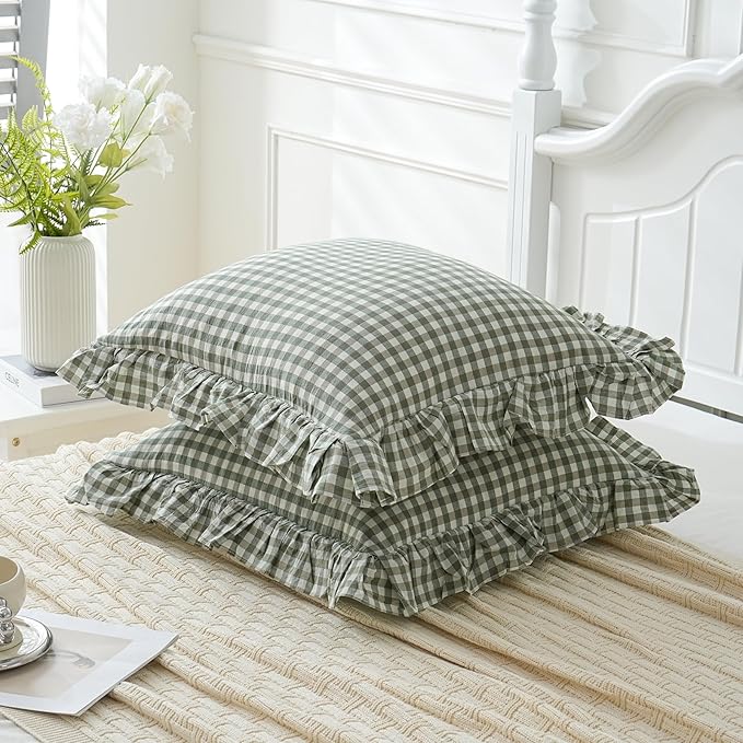 2 Pack Sage Green White Plaid Ruffle Euro Shams Pillow Covers 26x26 inches, 100% Cotton Gingham Checkered Farmhouse Pillowcases for Bed/Sofa (26x26 inches, Sage Green/White Plaid)