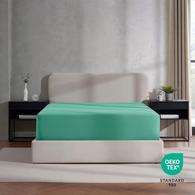 Nestl Mint Extra Deep Pocket Fitted Sheet Queen, Hotel Luxury Queen Fitted Sheet Only Easily Fits 18 to 24 Inch Mattress, Super Soft, Wrinkle-Free, and Breathable Bottom Sheets with Corner Straps