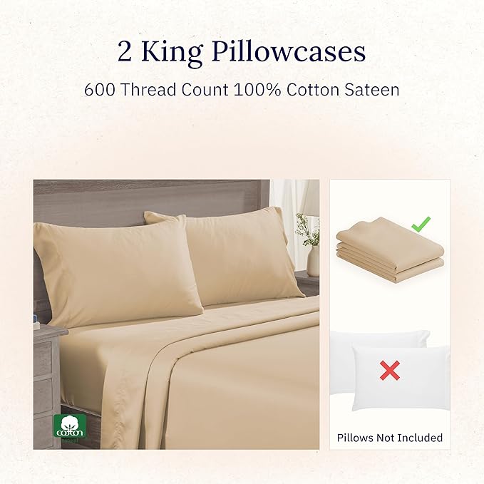 California Design Den Luxuriously Soft Premium 600 Thread Count, 100% Cotton, Crisp King Pillowcases Set of 2, Fits King Size Pillows (Golden Tan)