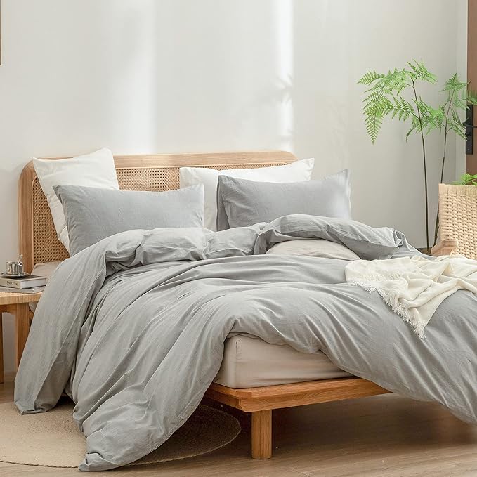 BESTOUCH Duvet Cover Set 100% Washed Cotton Linen Feel Super Soft Comfortable Chic Lightweight 2 PCs Home Bedding Set Solid Light Grey Twin/Twin XL