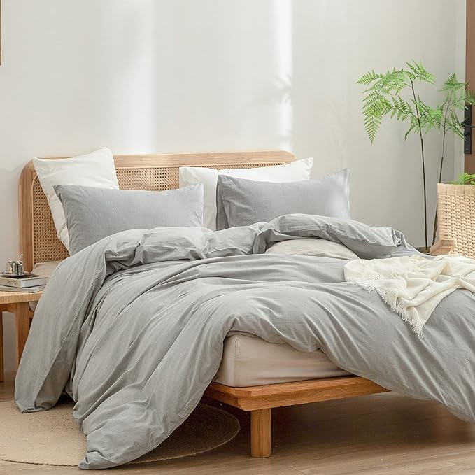 BESTOUCH Duvet Cover Set 100% Washed Cotton Linen Feel Super Soft Comfortable Chic Lightweight 3 PCs Home Bedding Set Solid Light Grey Super King