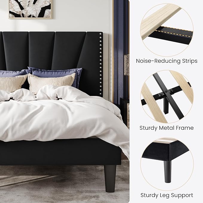SHA CERLIN Full Size Bed Frame with Adjustable Upholstered Velvet Rivets Headboard, Sturdy Wooden Slats, Strong Platform Support for Mattress, No Box Spring Needed, Easy Assembly, Black