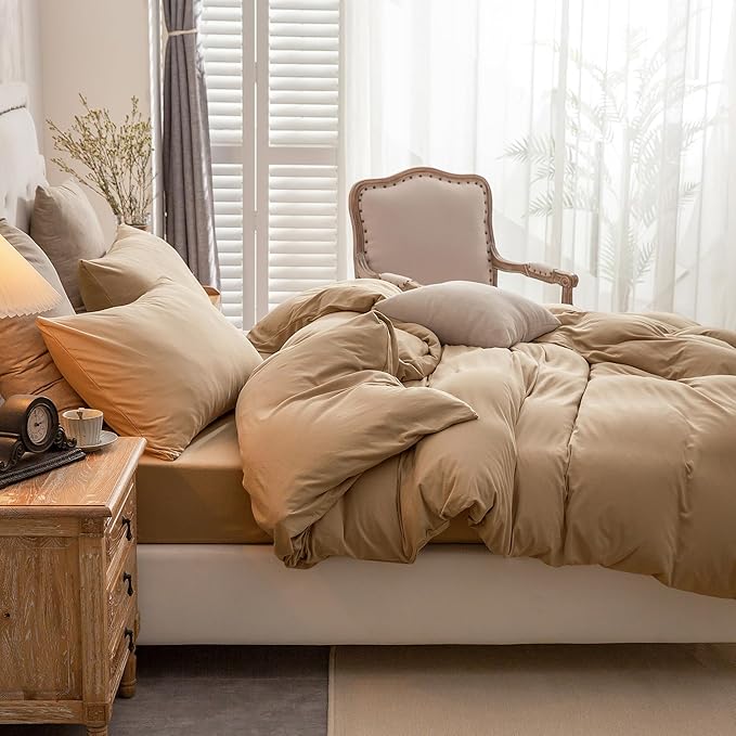 PURE ERA Jersey Knit Duvet Cover Set 100% T-Shirt Cotton Super Soft Comfy 2pc Bedding Set with Zipper Closure (Solid Toffee Brown, Twin)
