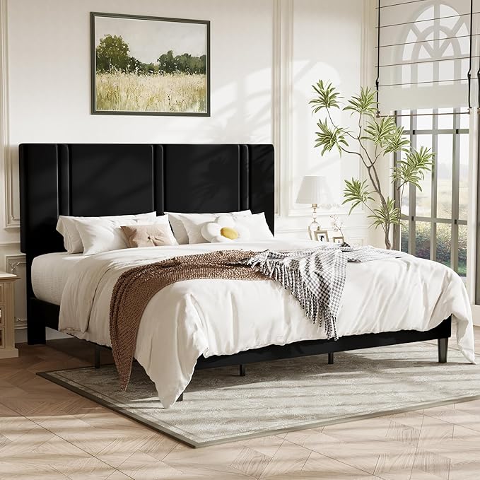 Allewie King Size Platform Bed Frame with Adjustable Headboard, Plush Velvet Upholstered, Vertical Channel Tufted, Sturdy Wooden Slats, No Box Spring Needed, Easy Assembly, Black