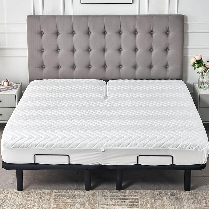 Kingnex Waterproof Quilted Split Top King Mattress Protector Pad for Adjustable Bed with Upper Flex Fitted Sheet Padded Mattress Cover 32-34 Split from Head