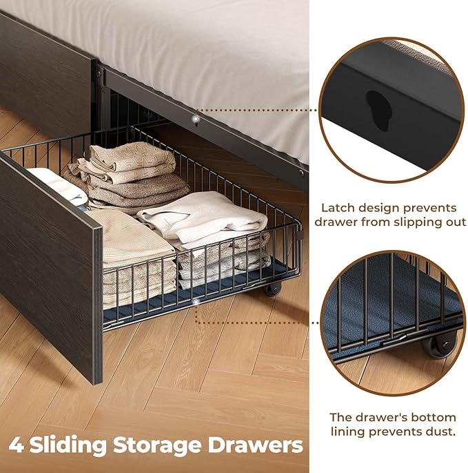 Rolanstar Twin Bed Frame with Storage Headboard & 4 Drawers, Metal Platform Bed with Charging Station, LED Single Bed with Side Shelf, No Box Spring Needed, Easy Assembly, Black
