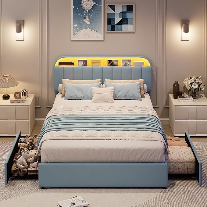 GarveeHome Full Bed Frame with Storage Headboard, Kids Bed Frame with 2 Drawers, Velvet Upholstered Platform Bed Frame with Lights, No Box Spring Needed, Easy Assembly, Velvet Blue