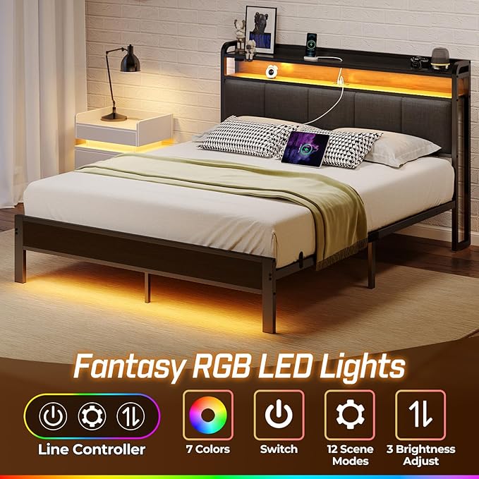 Rolanstar Queen Bed Frame with LED Lights, Upholstered Headboard, Charging Station, Storage Shelves, Heavy Duty Metal Slats, No Box Spring Needed, Noise Free, Easy Assembly, Dark Grey