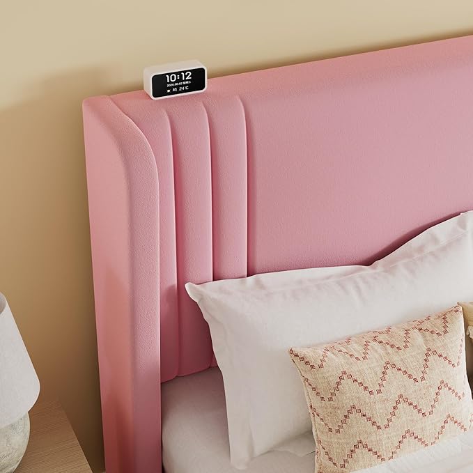SHA CERLIN Queen Size Velvet Upholstered Platform Bed Frame with Vertical Channel Tufted Wingback Headboard, Wooden Slats Support, Easy Assembly, Under Bed Storage, No Box Spring Required, Pink