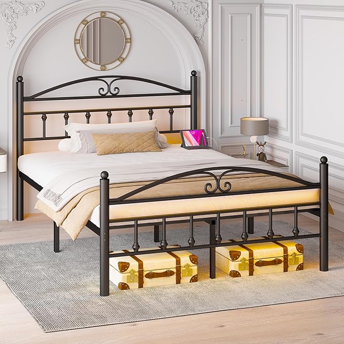 Queen Bed Frame with Headboard,Black Metal Platform Bed Frame Queen Size with LED Lights & Charging Station,Heavy Duty Metal Steel Slats,No Box Spring Needed,Noise Free,Easy to Assemble