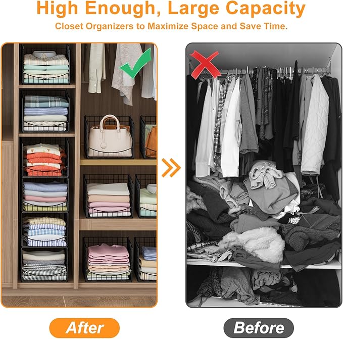 Hongtamoya 4-Tier Stackable Closet Organizers and Storage Shelves, Clothes Storage Basket, Clothes Shelf Organizer Sweater Organizer Bins Container for Wardrobe Kitchen Bathroom Office, Black