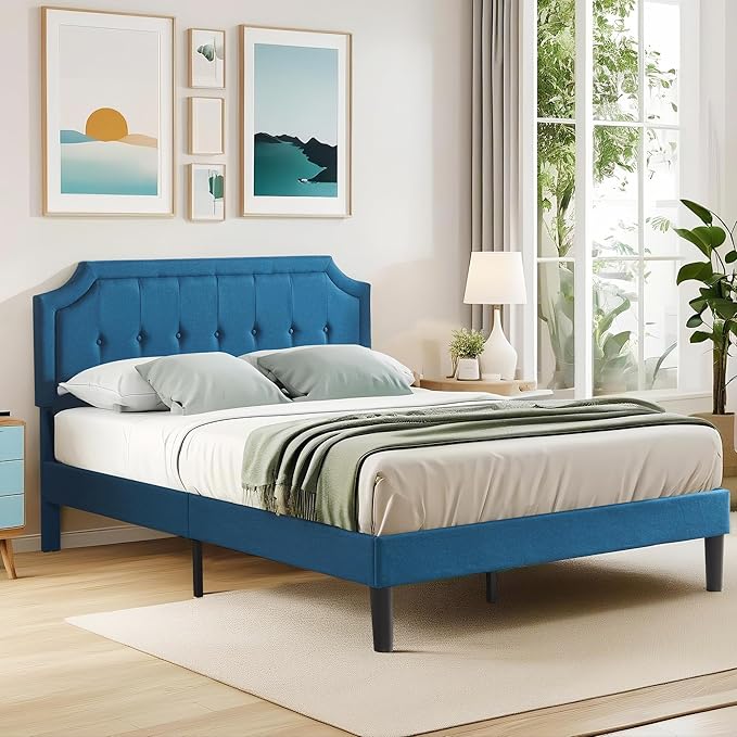 VECELO Full Size Platform Bed Frame with Fabric Upholstered Headboard and Wooden Slats Support, No Box Spring Needed/Easy Assembly,Blue