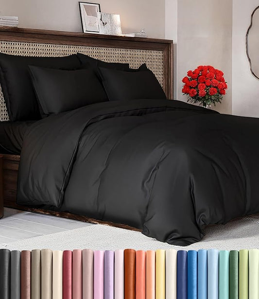 Duvet Cover Oversized Queen Size Set - Extra Soft Oversized Queen Duvet Cover with 2 Pillow Shams - Hotel Luxury, Easy Care & Fade Free w/ Zipper Closures & Ties - Comfy, Cozy & Breathable (Black)