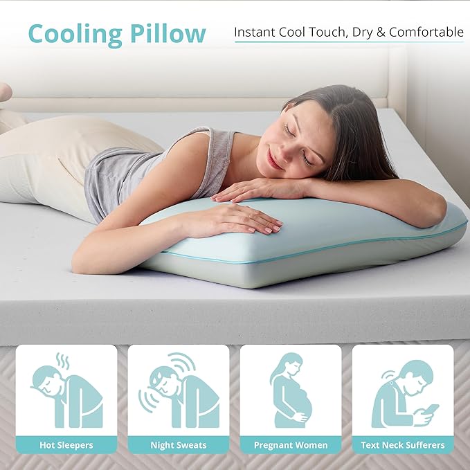 Gelsea Cooling Gel Memory Foam Pillow - Reversible Design, Neck Support for Side, Back, Stomach Sleepers, Standard Size, Removable & Machine Washable Cover, Pressure Relief for Hot Sleepers, Pale Blue