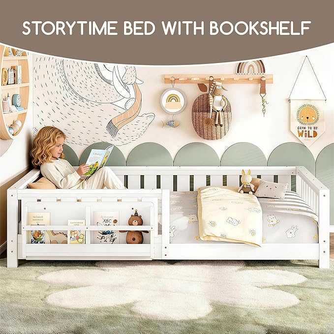 Bellemave Queen Floor Bed Frame with Fence & Bookshelf, Solid Pinewood Montessori Floor Bed Frame Queen with Slats Load 550LBS, Low Floor Bed for Kids, Bedroom, Nursery, Easy Assembly, White