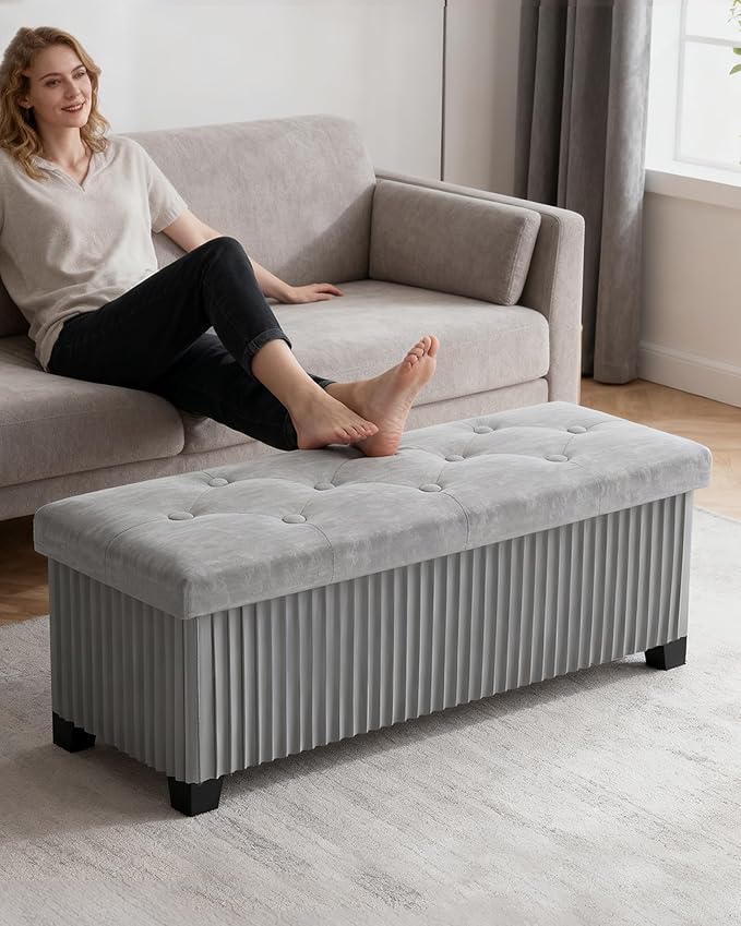 LITZFUR Storage Ottoman Bench, 43 Inch Foldable Ottoman with Legs, Velvet Foot Rest Stool, End of Bed Bench, Storage Chest for Living Room, Bedroom (Grey)