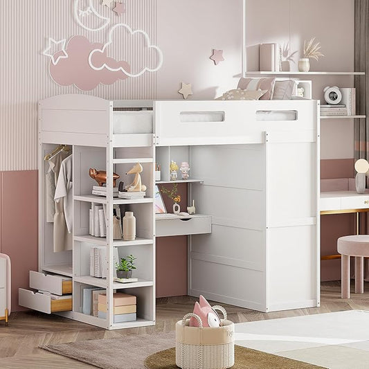 Multi-Functional Twin Size Loft Bed with Built-in Desk and Wardrobes, Solid Wood Loft Bed Frame with 4 Drawers and 4 Shelves for Kids Teens Boys Adults, Maximize Space (White-t)