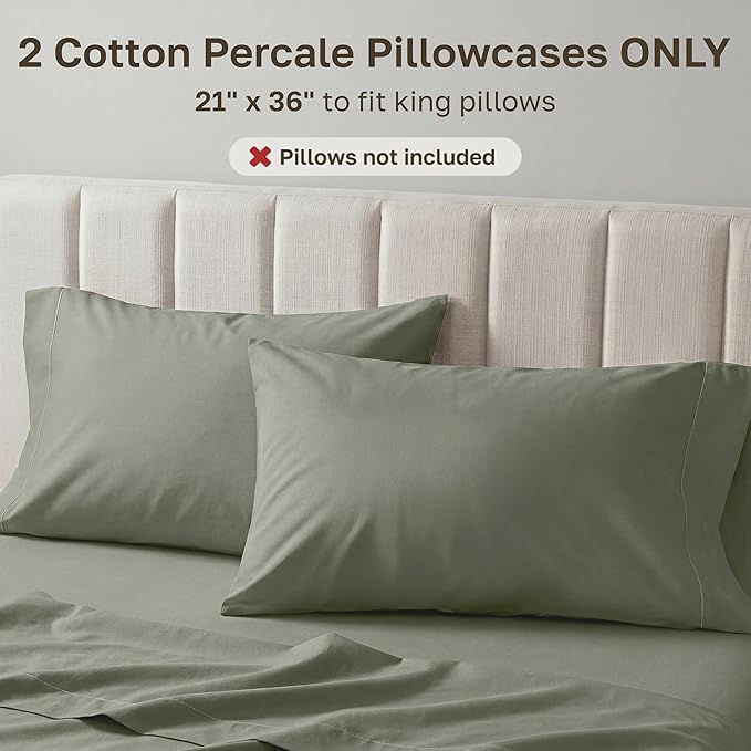 California Design Den 100% Egyptian Cotton Pillowcases King Size Set of 2 - Crisp Percale Feel, Soft & Breathable Envelope Closure Pillow Cases (Sage Leaf)