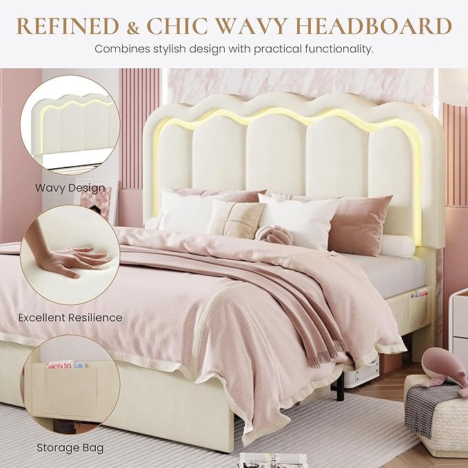 SHA CERLIN Upholstered Full Size Bed Frame with LED Lights and Large Storage Drawer, Velvet Platform Bed with Adjustable Wavy Headboard, Noise Free, Easy Assembly, No Box Spring Needed, Soft Cream