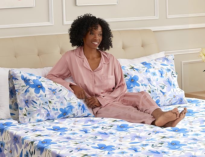 Sunflower Queen Pillowcases Set of 2, 100% Cotton Queen Size Pillow Cases 2, 20×30 inches Blue Bloom, Soft and Breathable