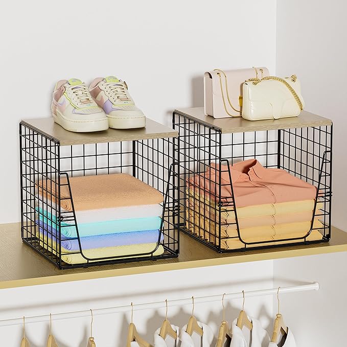 SWTYMIKI 2PCS Closet Organizers and Storage - Stackable Closet Basket with Wood Top Shelf, Clothes Storage Shelves, Clothes Drawer Bins for Wardrobe, Bedroom, Entryway, Black