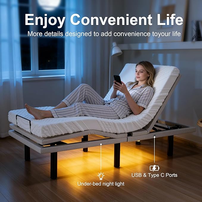 Fromann Twin XL Adjustable Bed Frame, Adjustable Bed Base with Massage, Wireless Remote, Lumber Support, Zero Gravity, Head & Foot Incline, Head Top Pillow Tilt, USB Ports, Nightlight, Anti-Snore