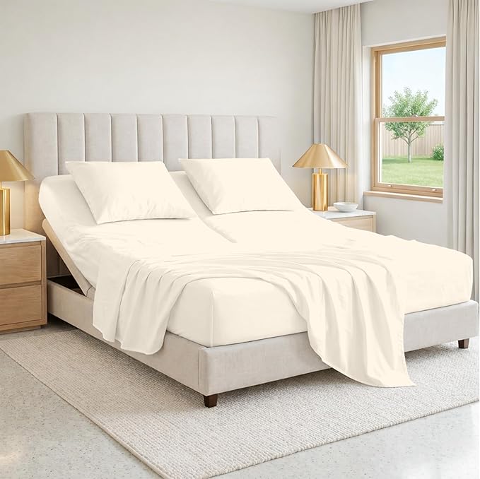 SGI bedding 32" King Split Top Flex Head Sheet 100% Egyptian Cotton Sheet Set 1000 Thread Count Flex Top Sheet for Adjustable Bed 4Pc Sheet Set 15" Deep Pocket for Sleep Number Bed- Butter