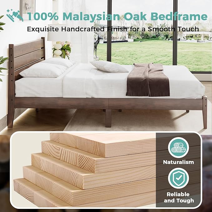 King Bed Frame and Ladder Headboard, Solid Wood Bed Frame with Storage, Malaysian Oak Platform Beds with Wooden Slats, No Box Spring Needed, Easy Assembly, King Size, Antique Espresso