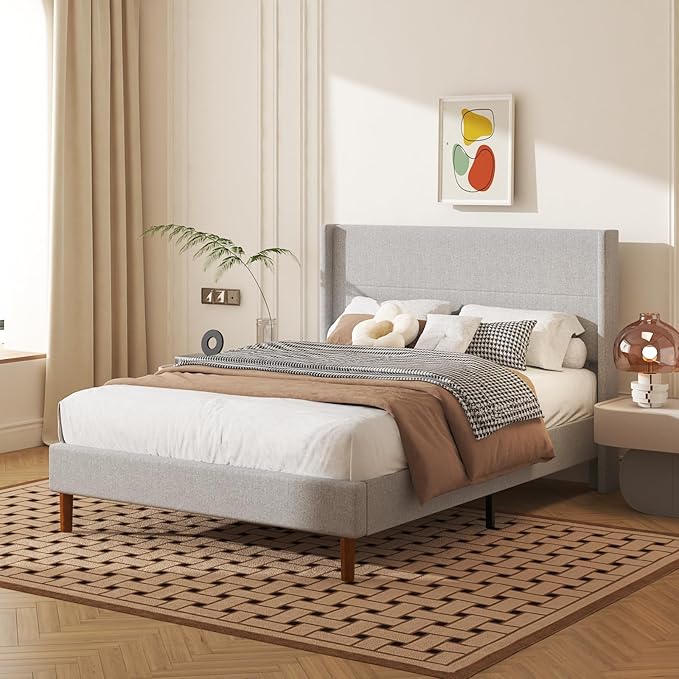 Full Size Bed Frame, Linen Upholstered Platform with Wingback Headboard, Wooden Slats Support, No Box Spring Needed, Easy Assembly, Lightgrey