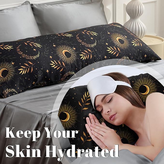 EXQ Home Satin Pillowcase for Hair and Skin Body- Multicolor Printed Black Moon Silk Pillowcase 20x54 inches - Body Pillow Cases with Envelope Closure, Gifts for Women