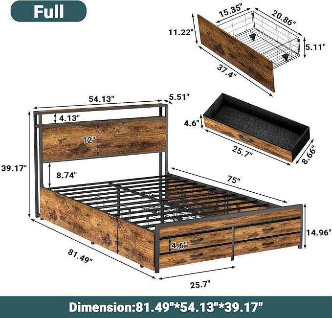 Zevemomo Full Bed Frame with 8 Storage Drawers, Full Metal Bed Frame with LED Light and Charging Station, Heavy Duty Metal Slats, No Box Spring Needed, Rustic Brown
