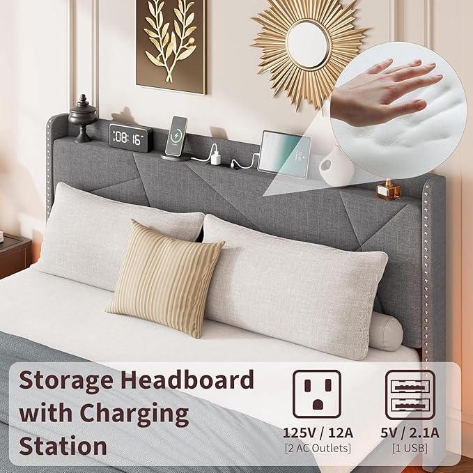 Garvee Full Size Floating Bed Frame with RGB LED Lights and Charging Station, Upholstered Platform Bed with Storage Headboard and Button Tufted Design, No Box Spring Needed, Grey