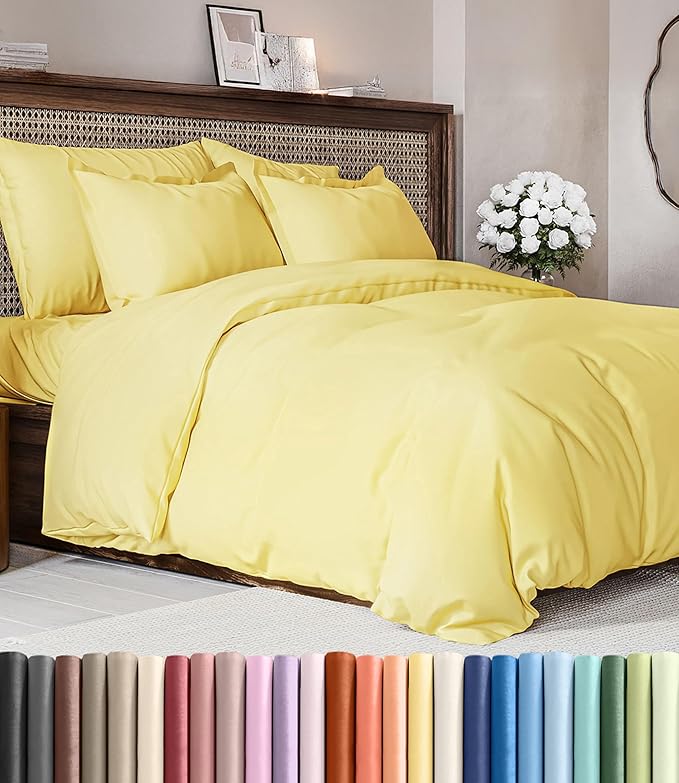 Duvet Cover Full Size Set - Extra Soft Full Duvet Cover 80" x 90" with 2 Pillow Shams - Hotel Luxury, Easy Care and Fade Free w/ Zipper Closures & Ties - All Season, Comfy, Cozy & Breathable (Yellow)