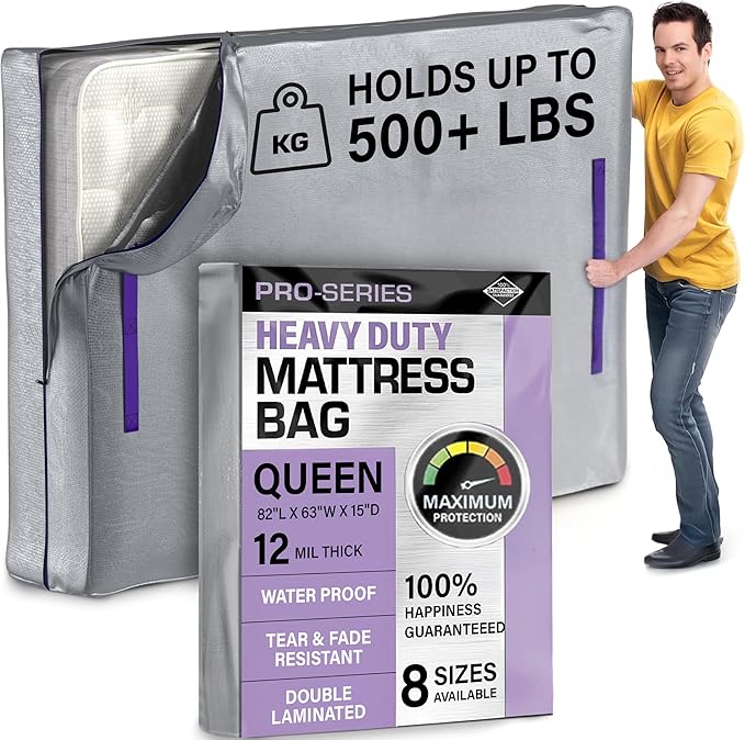 Queen Mattress Bags For Moving - Heavy Duty 10 Mil Thick Zippered Mattress Cover For Moving w 8 Carrying Handles - Moving Mattress Protector Bag - Waterproof Plastic Mattress Storage Bag (Queen Size)